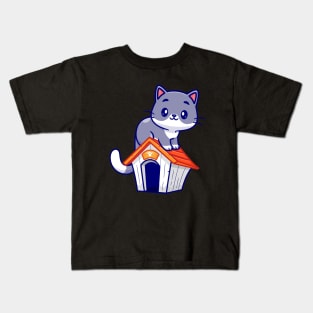 Cute Cat Sitting On Cat Cage Cartoon Kids T-Shirt